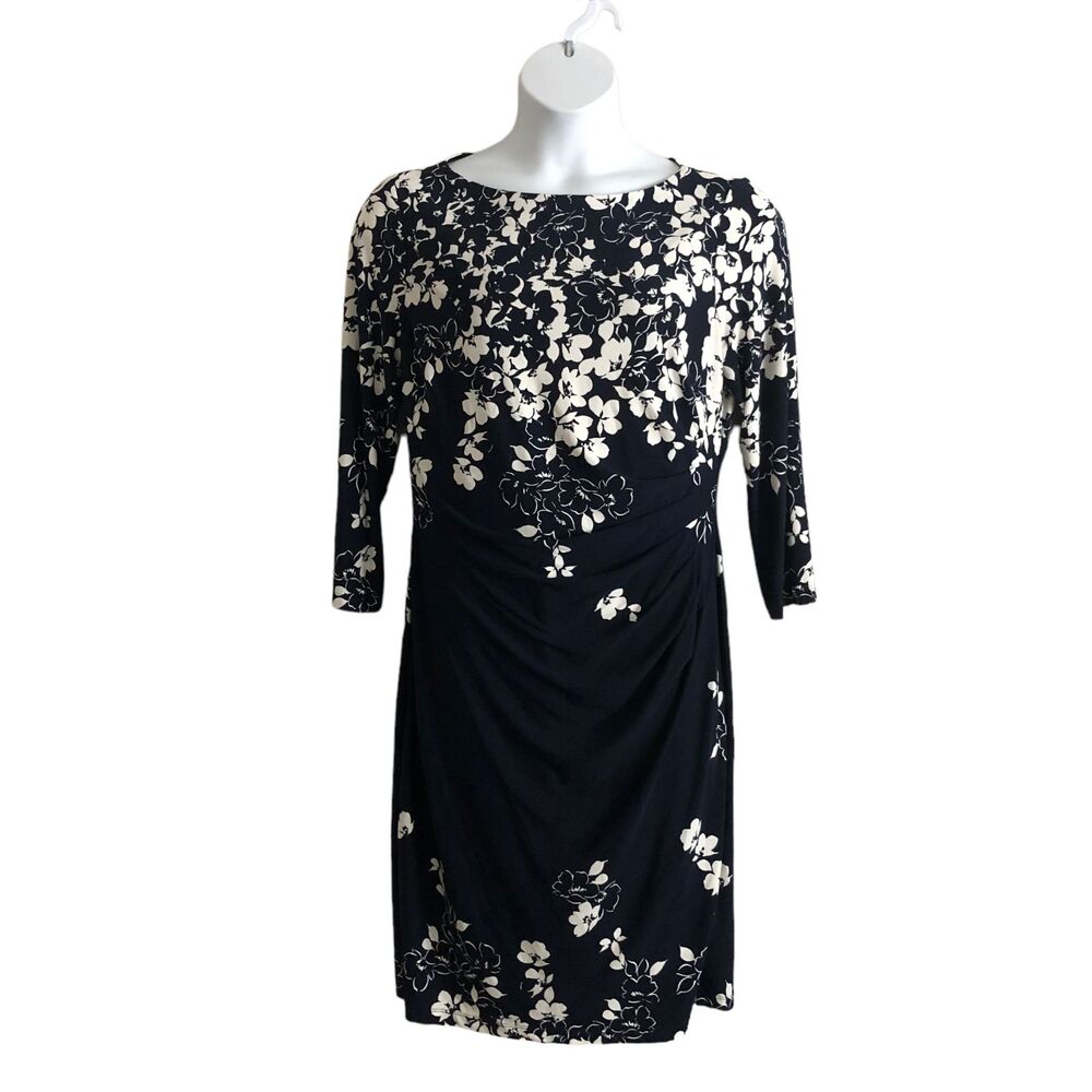 Chaps Women's Midi Dress Size XL Floral Blue Ruched Stretch 3/4 Sleeve